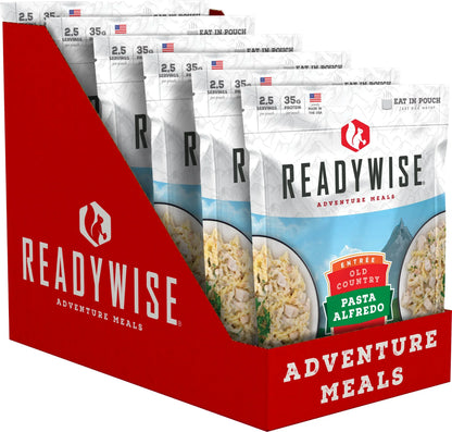 ReadyWise Adventure Meals Pasta Alfredo pouches in red retail display box
