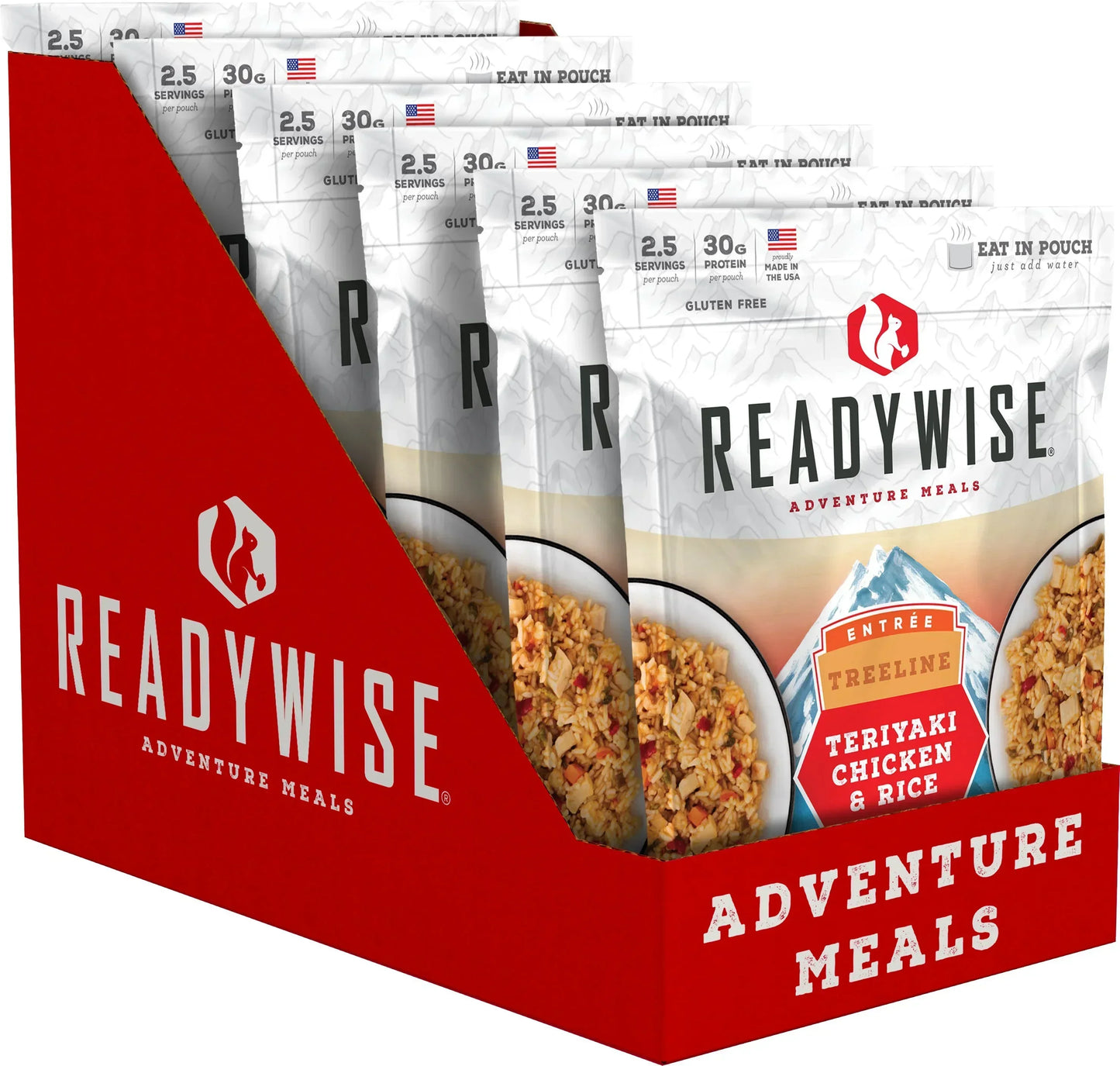 Box of ReadyWise Teriyaki Chicken & Rice adventure meals, packaged for outdoor use