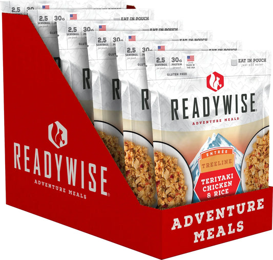Box of ReadyWise Teriyaki Chicken & Rice adventure meals, packaged for outdoor use