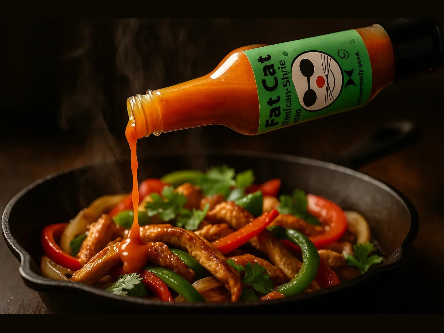 Pouring hot sauce on sizzling chicken fajitas with peppers and cilantro in a cast iron skillet