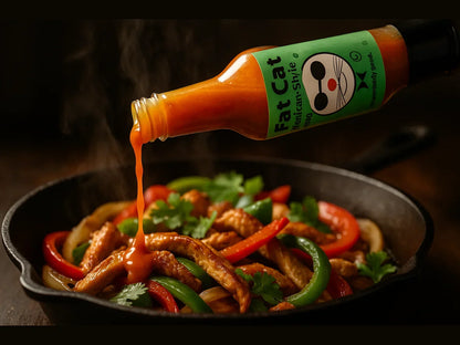 Pouring hot sauce on sizzling chicken fajitas with peppers and cilantro in a cast iron skillet