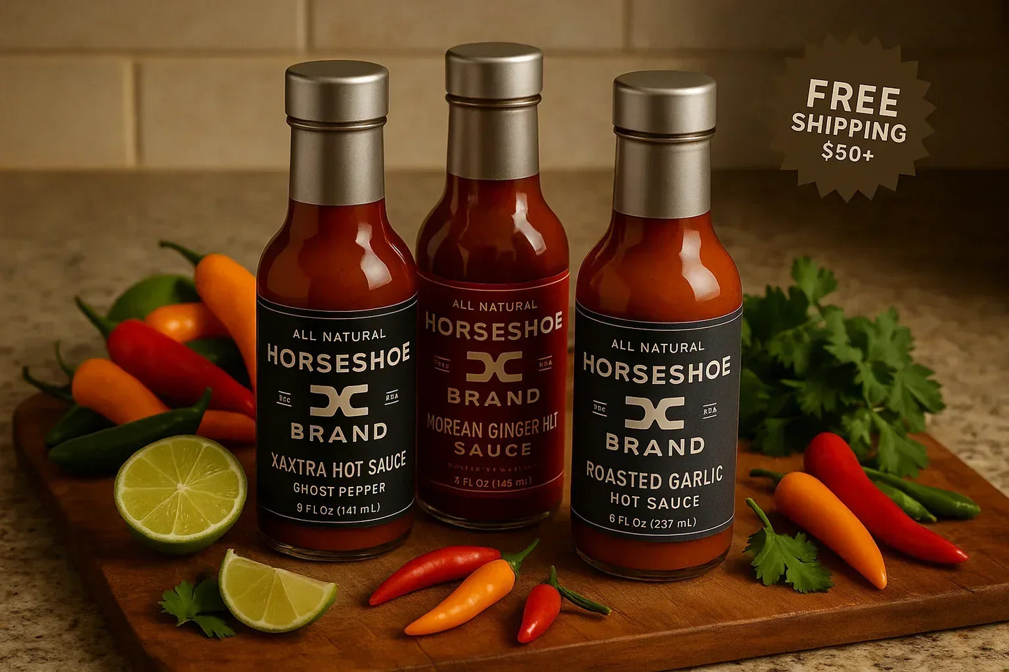 Three bottles of all natural hot sauce on a kitchen counter with fresh peppers, lime, and herbs.