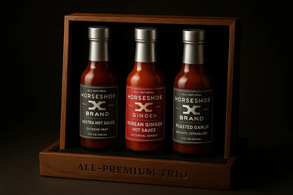 Trio of premium hot sauce bottles in a wooden gift box, flavors include XXXtra Hot, Korean Ginger, and Roasted Garlic.