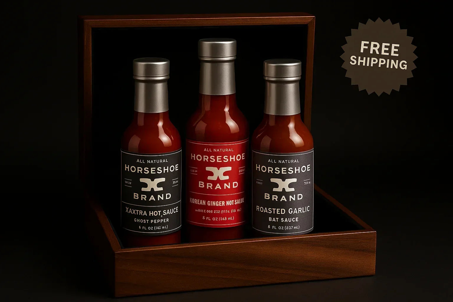 Trio of Horseshoe Brand hot sauces in a wooden box, featuring ghost pepper, Korean ginger, and roasted garlic flavors, with free shipping label.