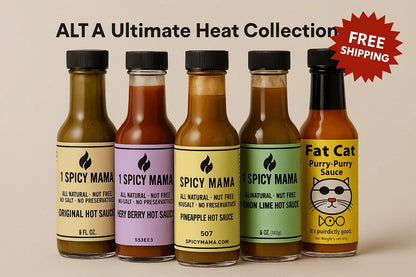 Ultimate Heat Collection with five assorted artisan hot sauces in colorful labeled bottles