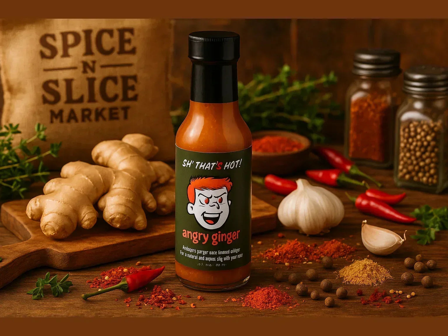 Angry Ginger hot sauce bottle in a market setting with ginger, garlic, chili peppers, and spices