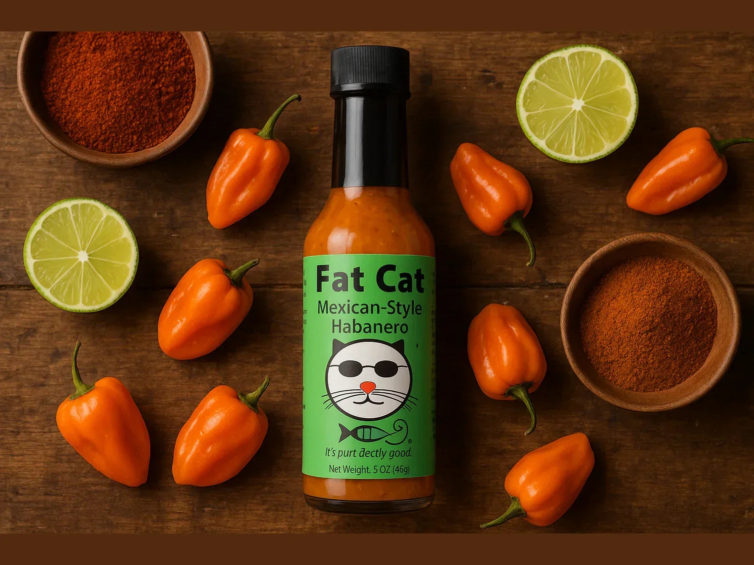 Flat lay of Mexican-style habanero hot sauce bottle, fresh habanero peppers, lime halves, and bowls of spice on wood background.