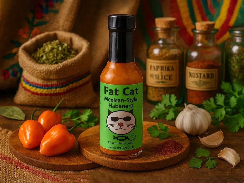 Fat Cat Mexican-Style Habanero hot sauce bottle with habanero peppers, garlic, spices.