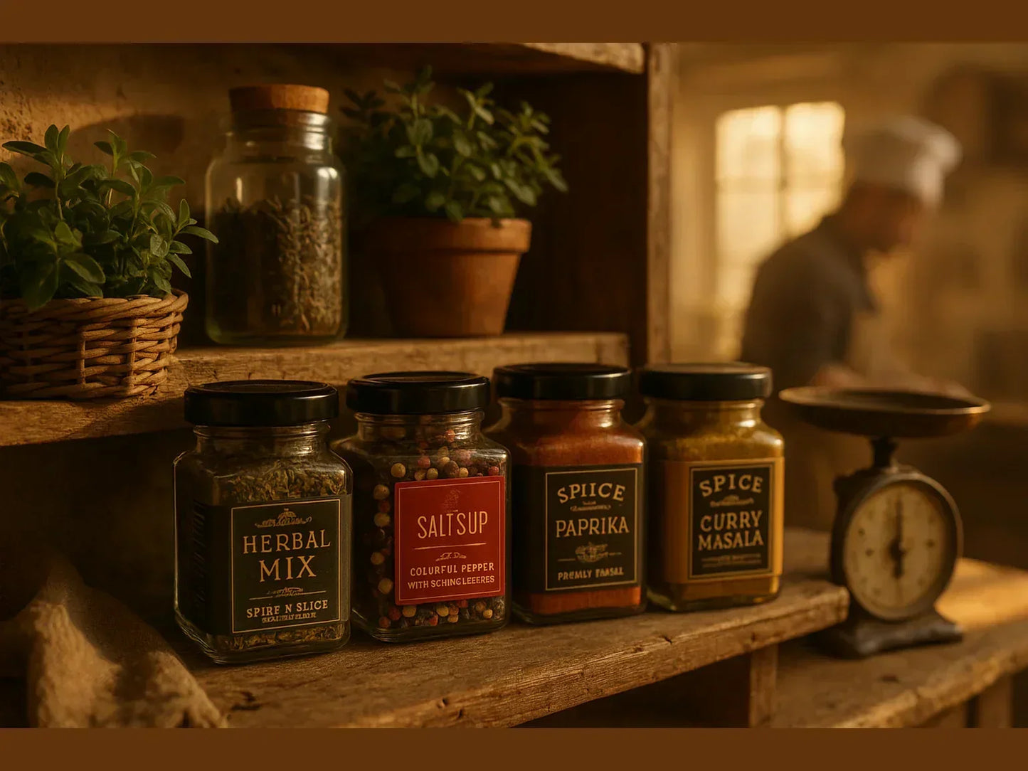 Rustic kitchen shelf with glass jars of herbal mix, pepper, paprika, curry masala, and fresh herbs.