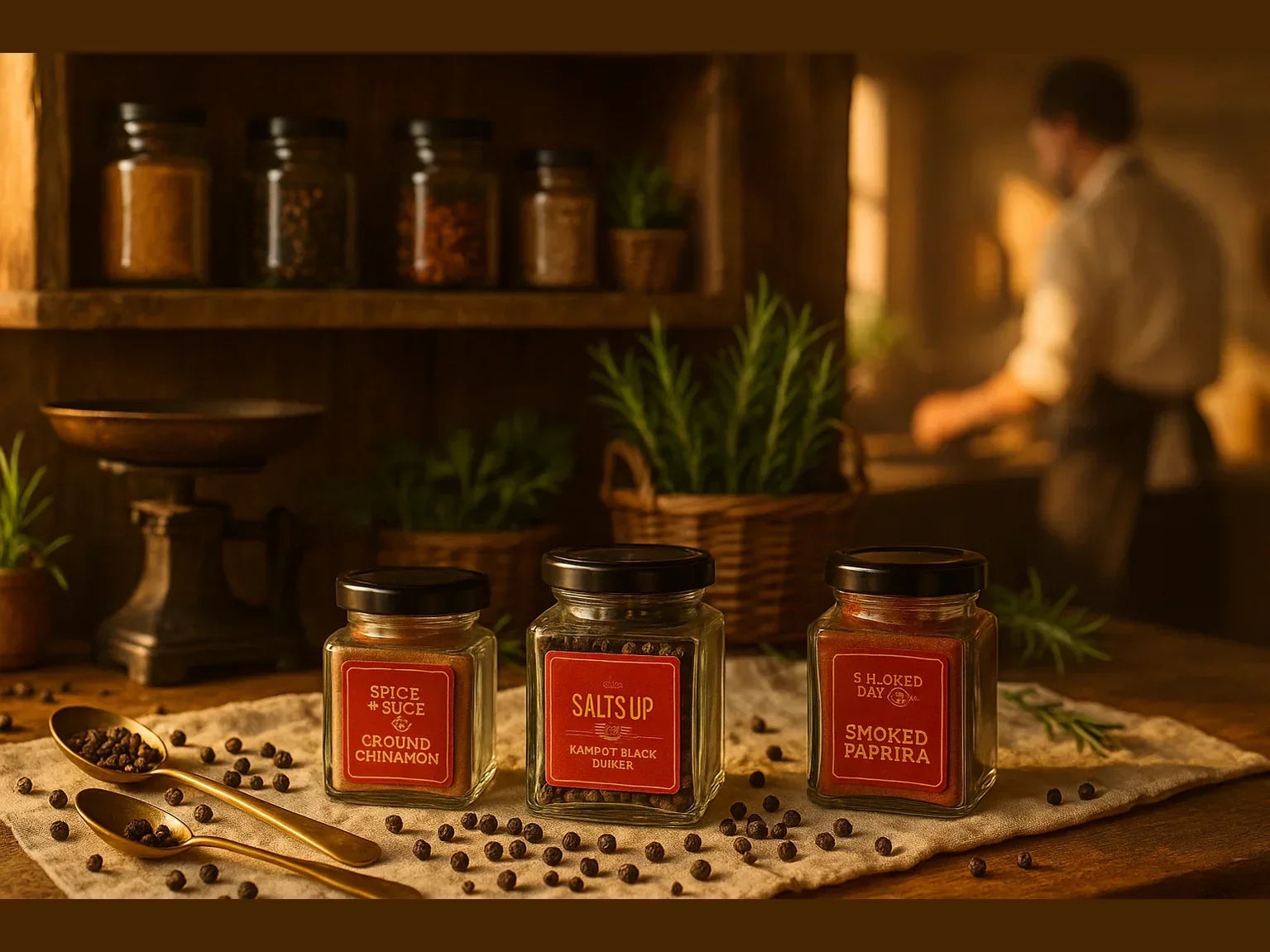 Artisan spice jars and Kampot black pepper on rustic kitchen table with herbs and golden light