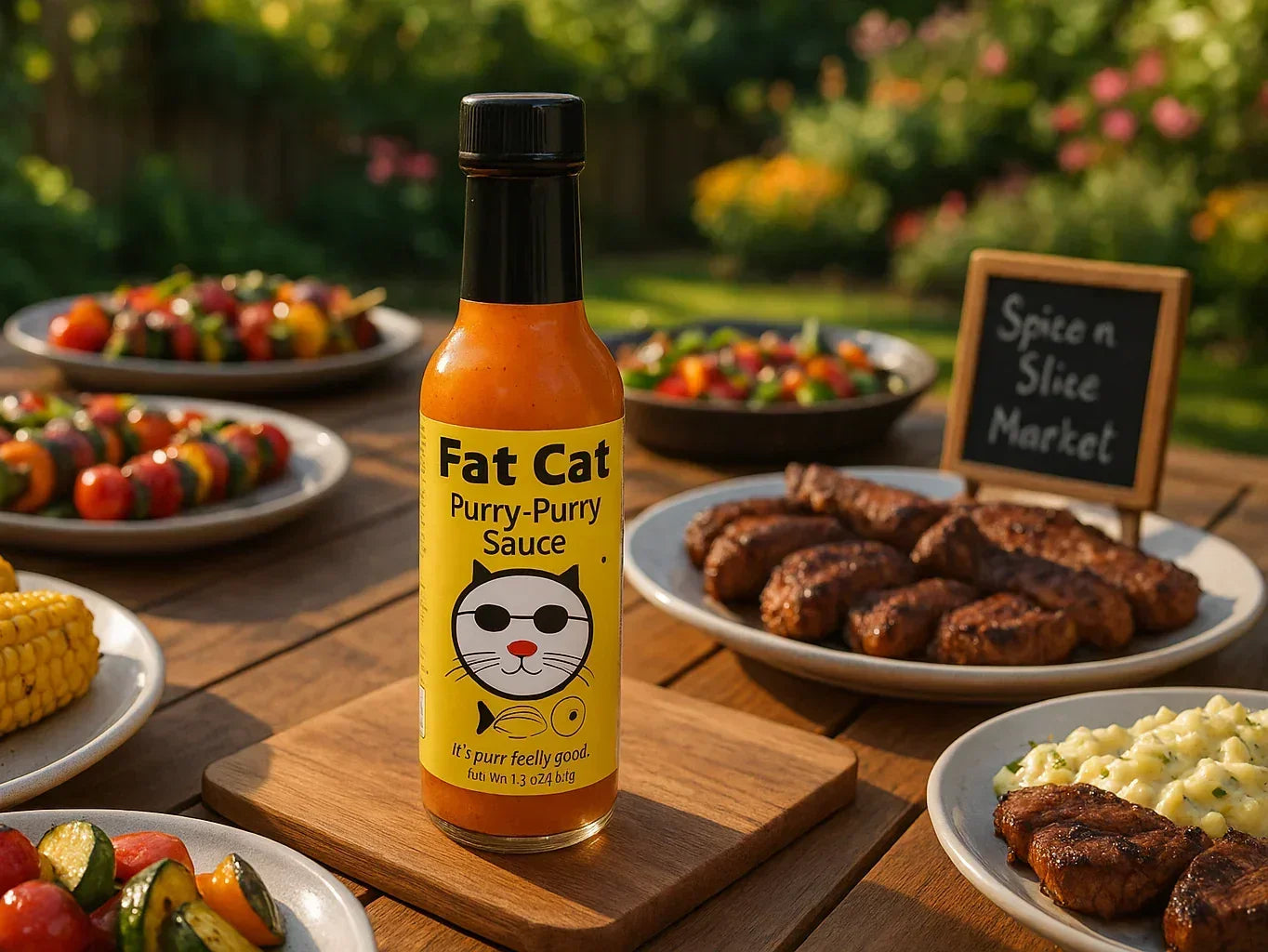 Fat Cat Purry-Purry Sauce bottle on picnic table with grilled meat, veggies, and BBQ sides outdoors