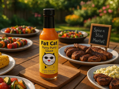 Fat Cat Purry-Purry Sauce bottle on picnic table with grilled meat, veggies, and BBQ sides outdoors