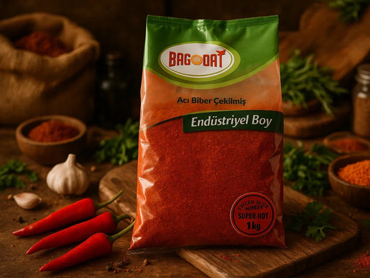 Bag of super hot ground red pepper in rustic market setting with garlic and fresh chilies
