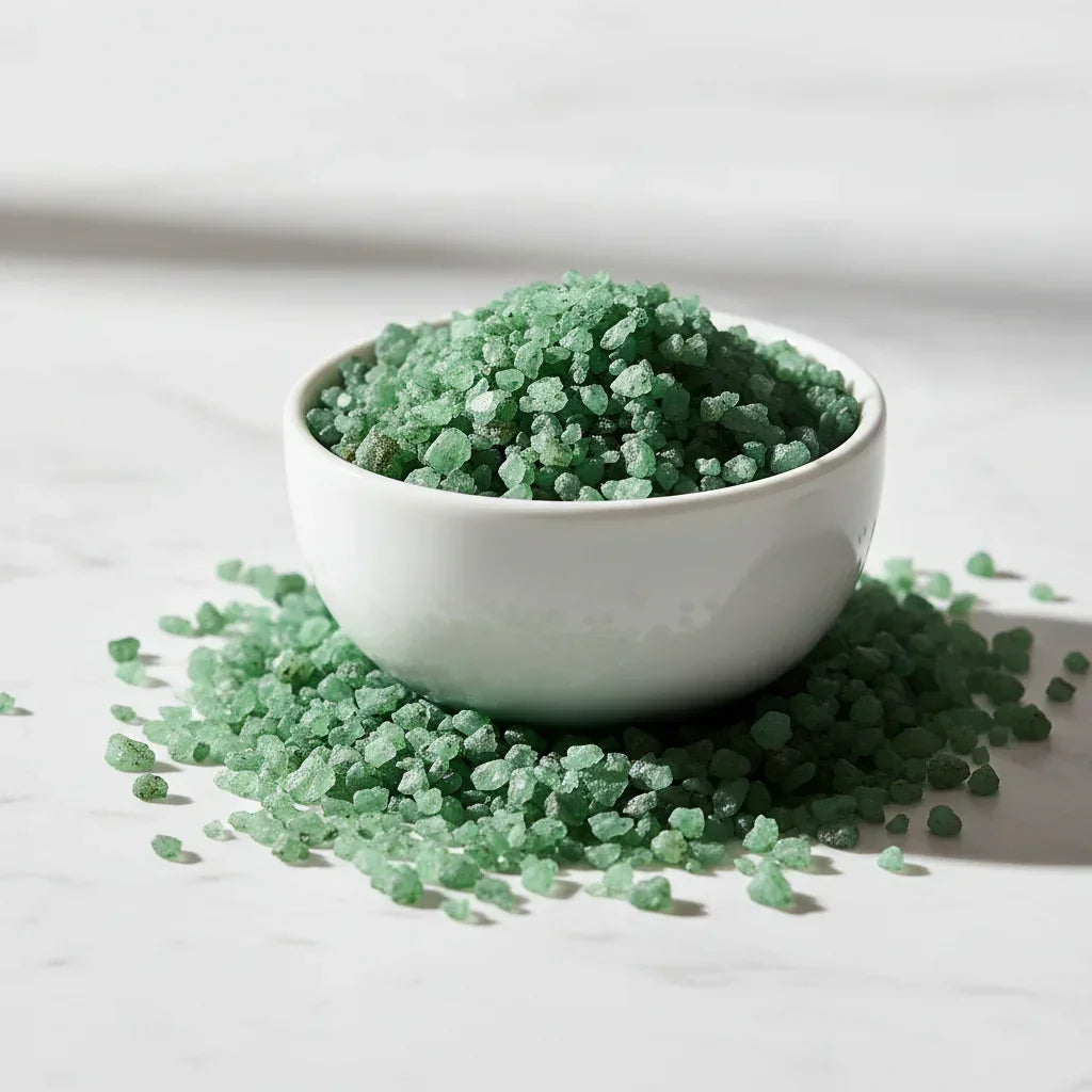 Coarse jade green Hawaiian sea salt crystals in a white bowl on a marble surface