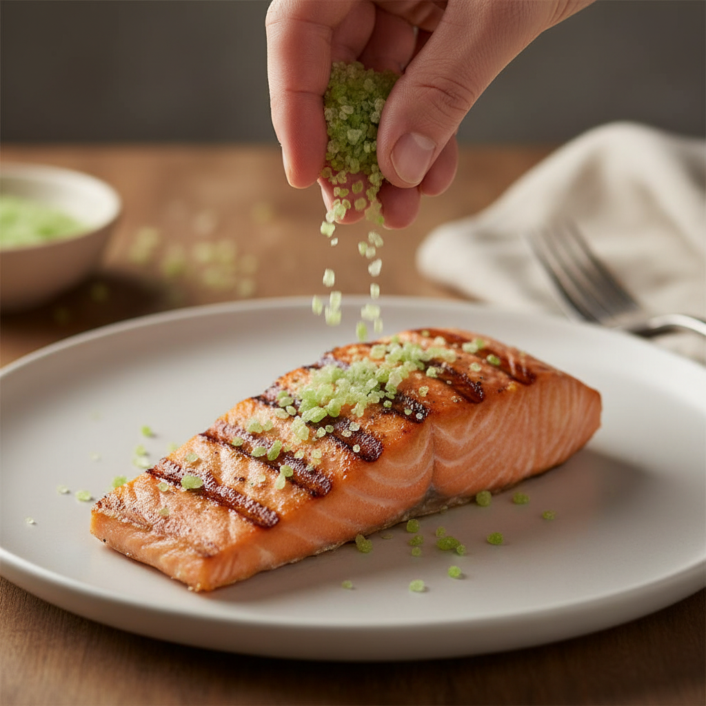 Bamboo Jade Salt sprinkled over salmon