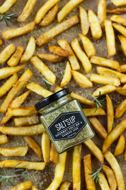 Bamboo Jade coarse gourmet salt on fries with rosemary, Spice n Slice Market product