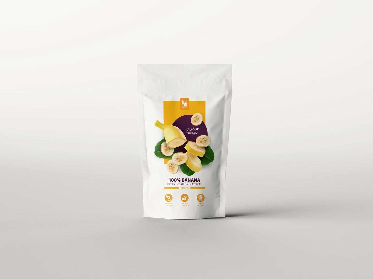Resealable pouch of freeze-dried banana slices with banana and leaf graphics on white background