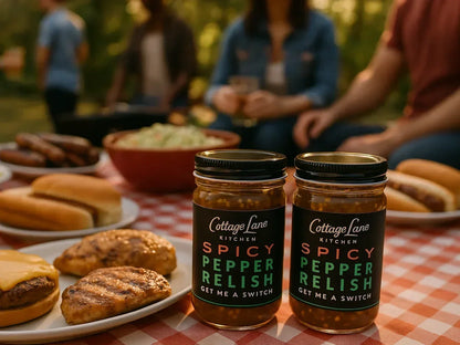 Outdoor BBQ picnic with spicy pepper relish jars, grilled meats, burgers, and hot dogs on table