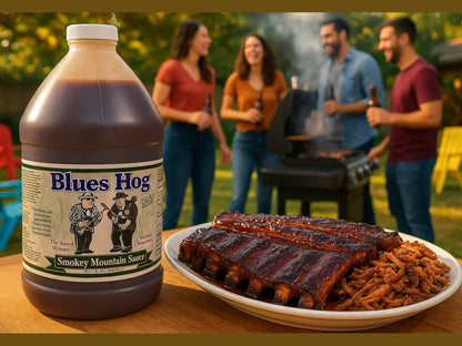 BBQ party scene with smoked ribs, crispy onions, Blues Hog Smokey Mountain Sauce, and people grilling outdoors.