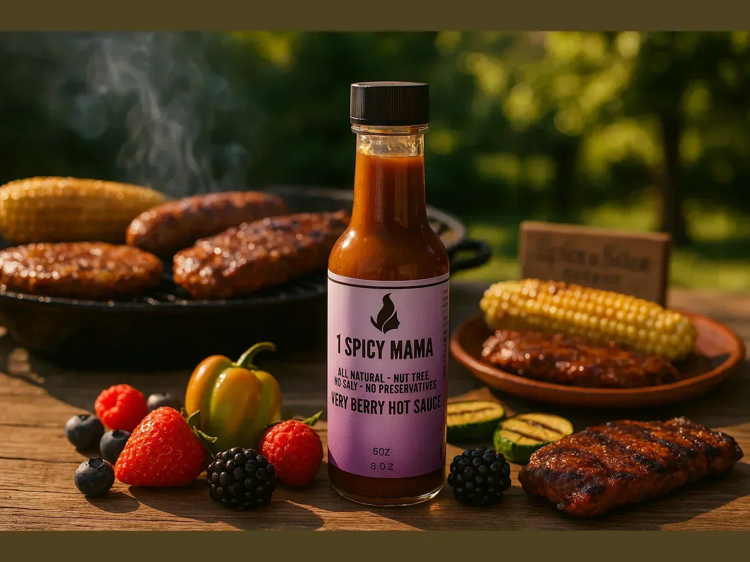 Berry hot sauce bottle with grilled meat, corn, peppers and berries at outdoor BBQ scene