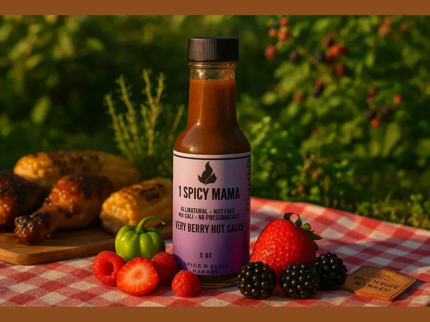 Berry hot sauce bottle with fresh berries, pepper, grilled corn, and chicken on picnic table