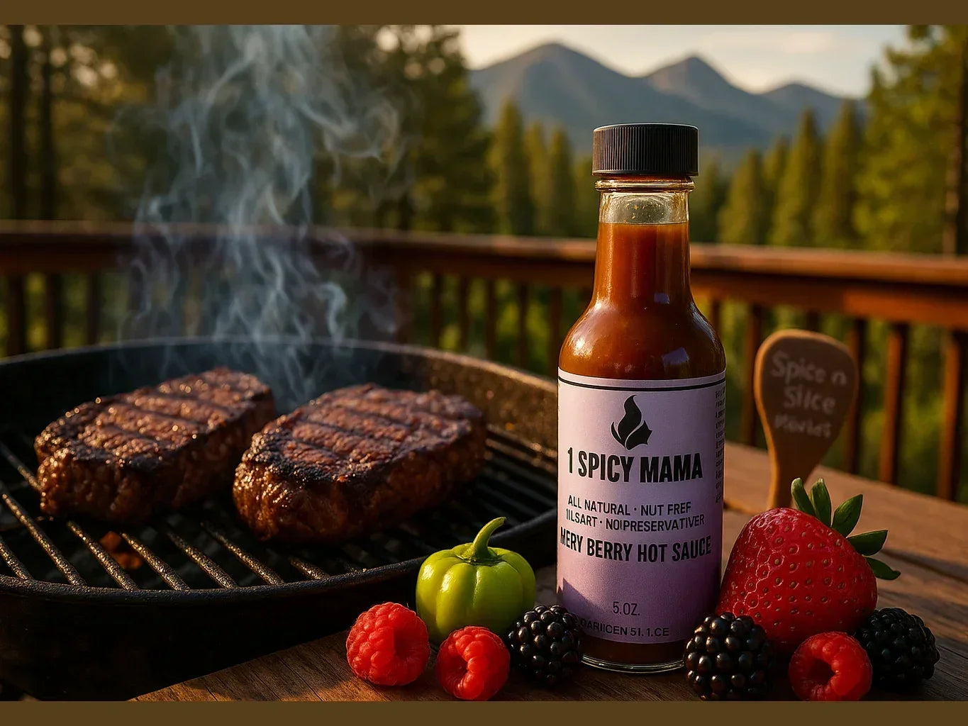 Grilled steaks on barbecue with spicy berry hot sauce and fresh berries outdoors