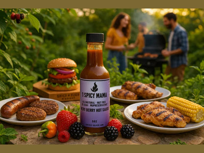 Spicy berry hot sauce bottle outdoors with grilled chicken, sausage, burger, corn, and fresh berries at a BBQ.