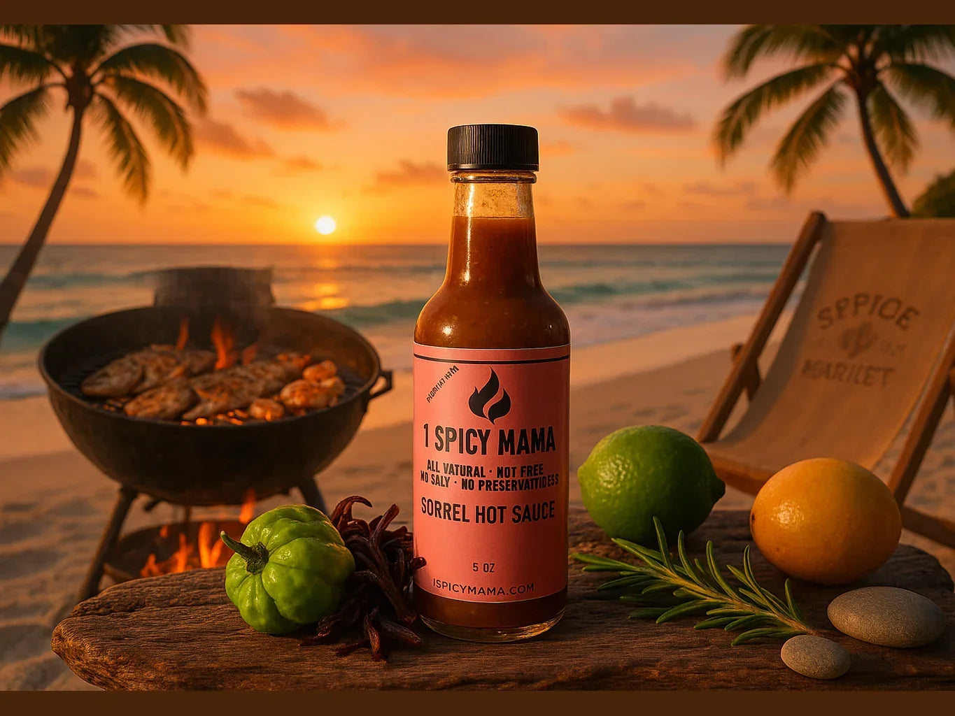 Sorrel hot sauce bottle with herbs and citrus, BBQ grill and beach sunset in background