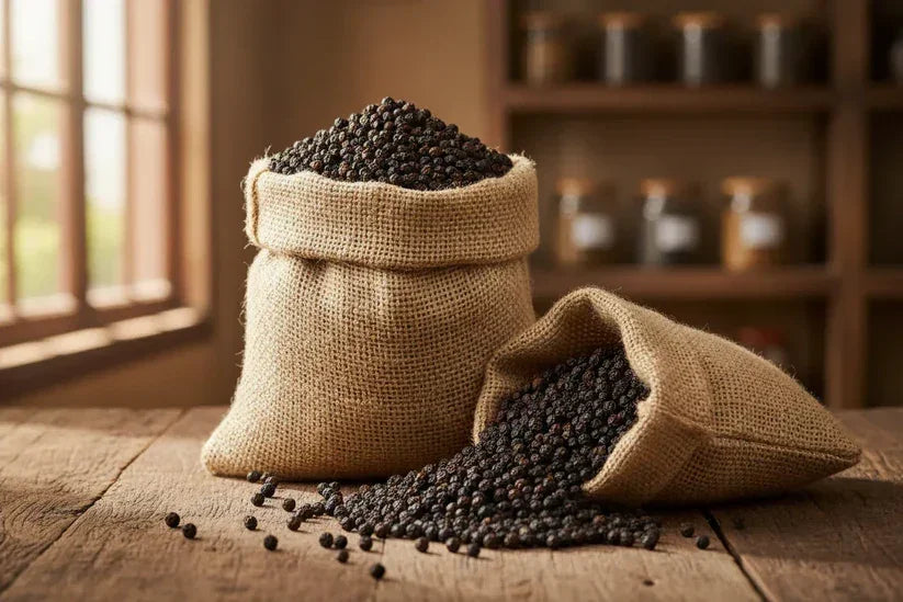 Burlap sacks filled with whole black Kampot peppercorns on rustic wooden table
