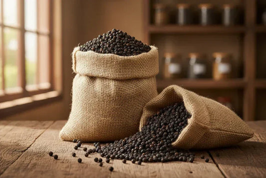 Burlap sacks filled with whole black Kampot peppercorns on rustic wooden table