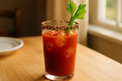 Bloody Mary cocktail with coarse black pepper rim and celery stalk garnish on a wooden table