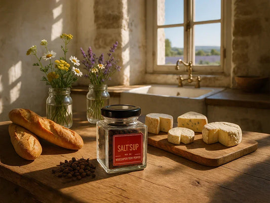Rustic kitchen with jar of pepper, artisan cheese, baguettes, wildflowers, and sunlight