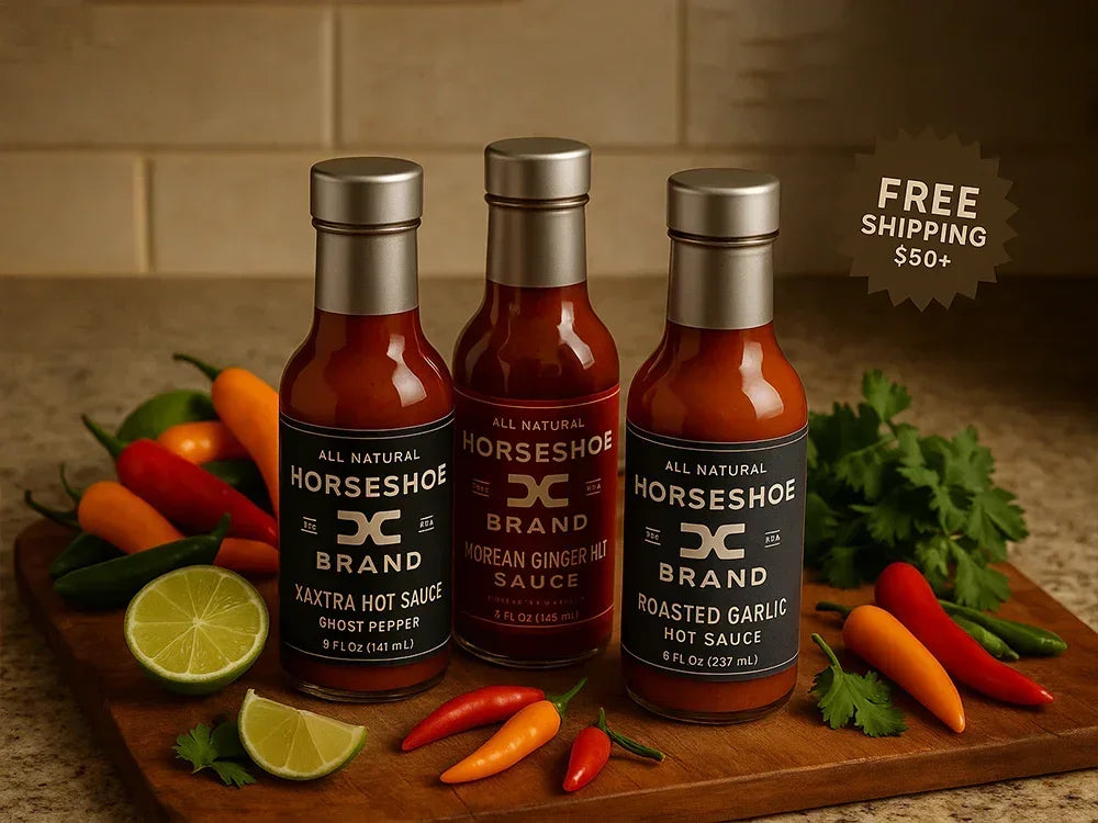 Three bottles of Horseshoe Brand all natural hot sauces with assorted chili peppers, lime wedges, and cilantro on wooden board