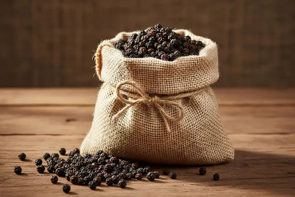 Burlap sack filled with black peppercorns spilling onto wooden table background