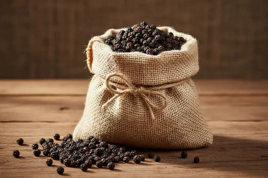 Burlap sack filled with black peppercorns spilling onto wooden table background