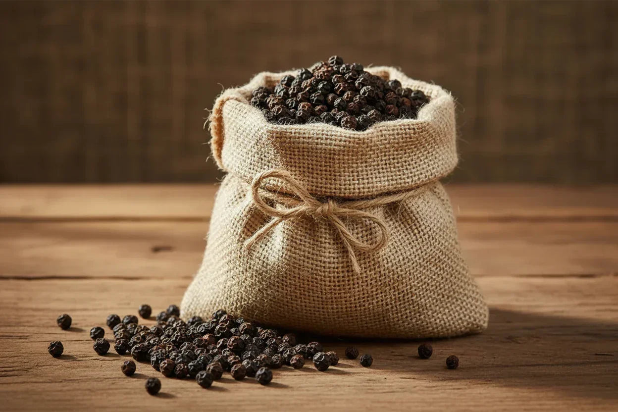 Small burlap sack filled with black peppercorns spilling onto wooden surface