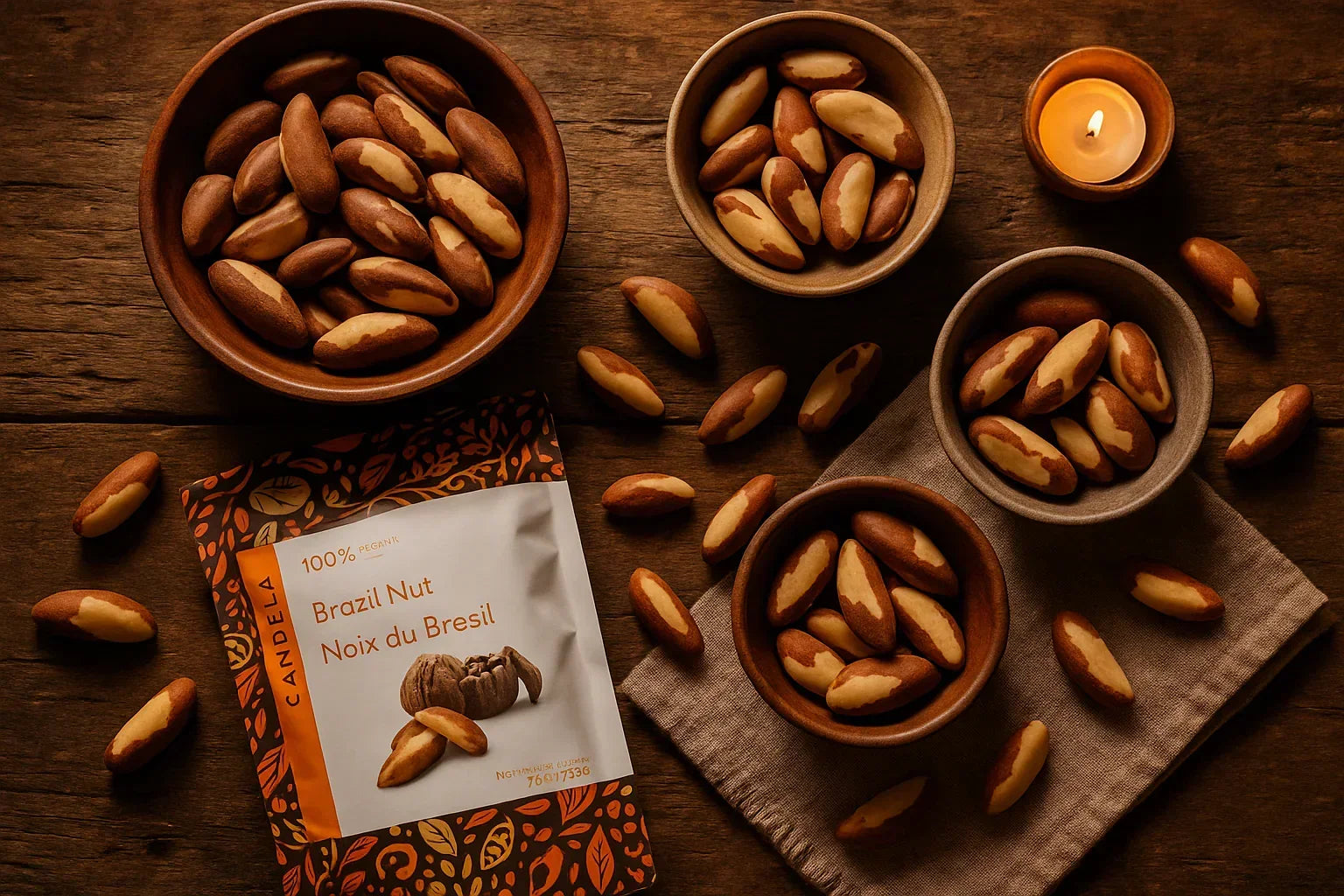 Brazil nuts in artisanal bowls on rustic wood with a candle and product packaging