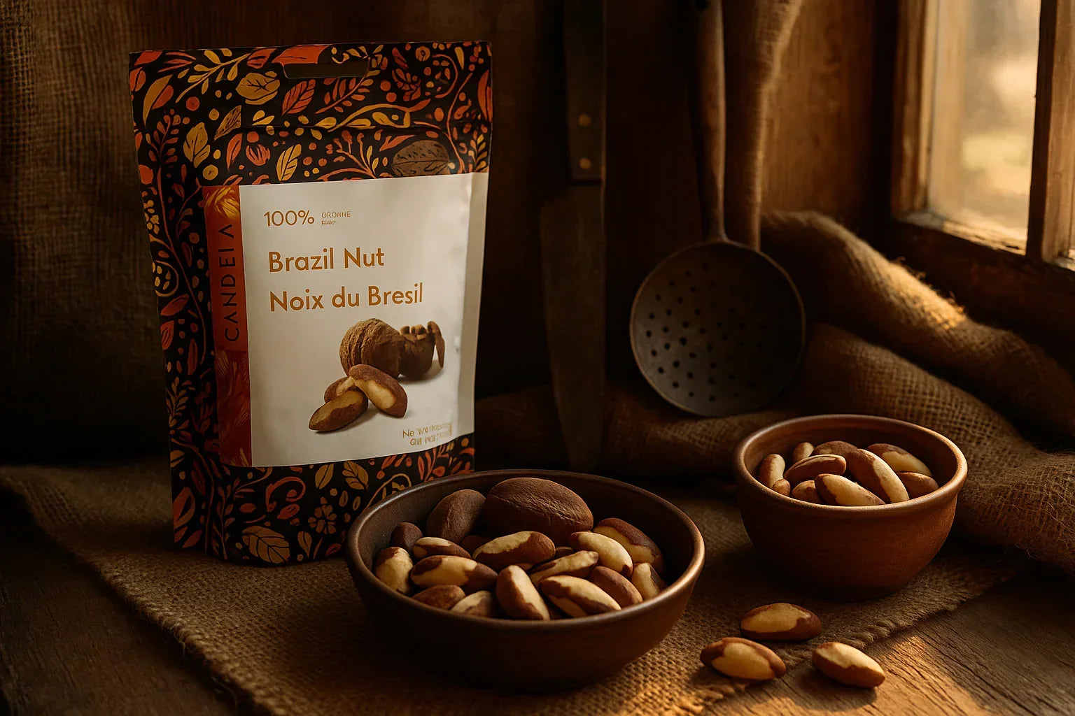 Brazil nuts in ceramic bowls and colorful packaging on rustic kitchen table