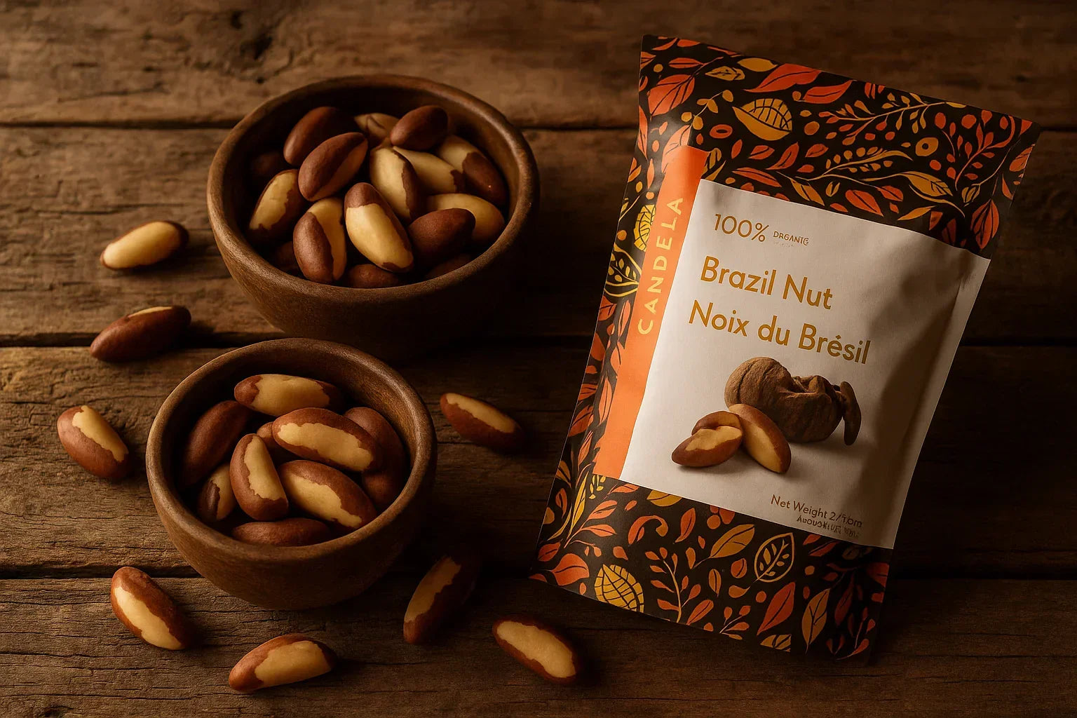 Brazil nuts in wooden bowls and a colorful package on rustic wooden table