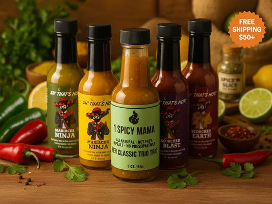Assorted artisan hot sauces on wooden table with fresh peppers and spices, Spice n Slice Market.