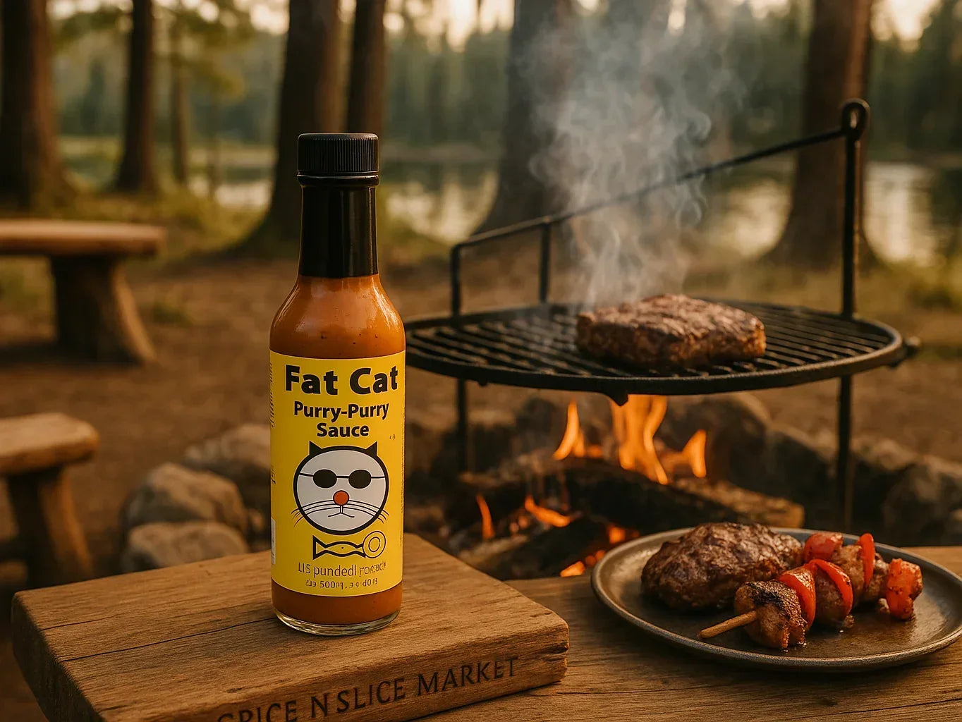Fat Cat hot sauce bottle on a picnic table near a grill with steak, kebab, and campfire in forest.
