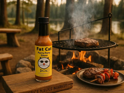 Fat Cat hot sauce bottle on a picnic table near a grill with steak, kebab, and campfire in forest.