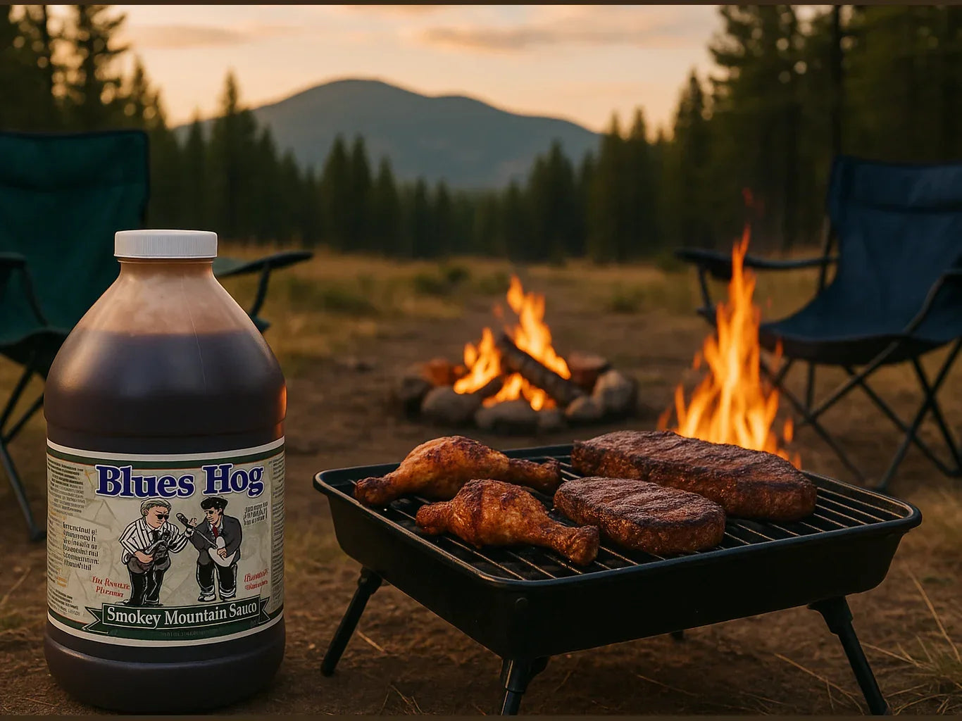 Outdoor camping BBQ with grilled meat, fire pit, and Blues Hog Smokey Mountain Sauce bottle