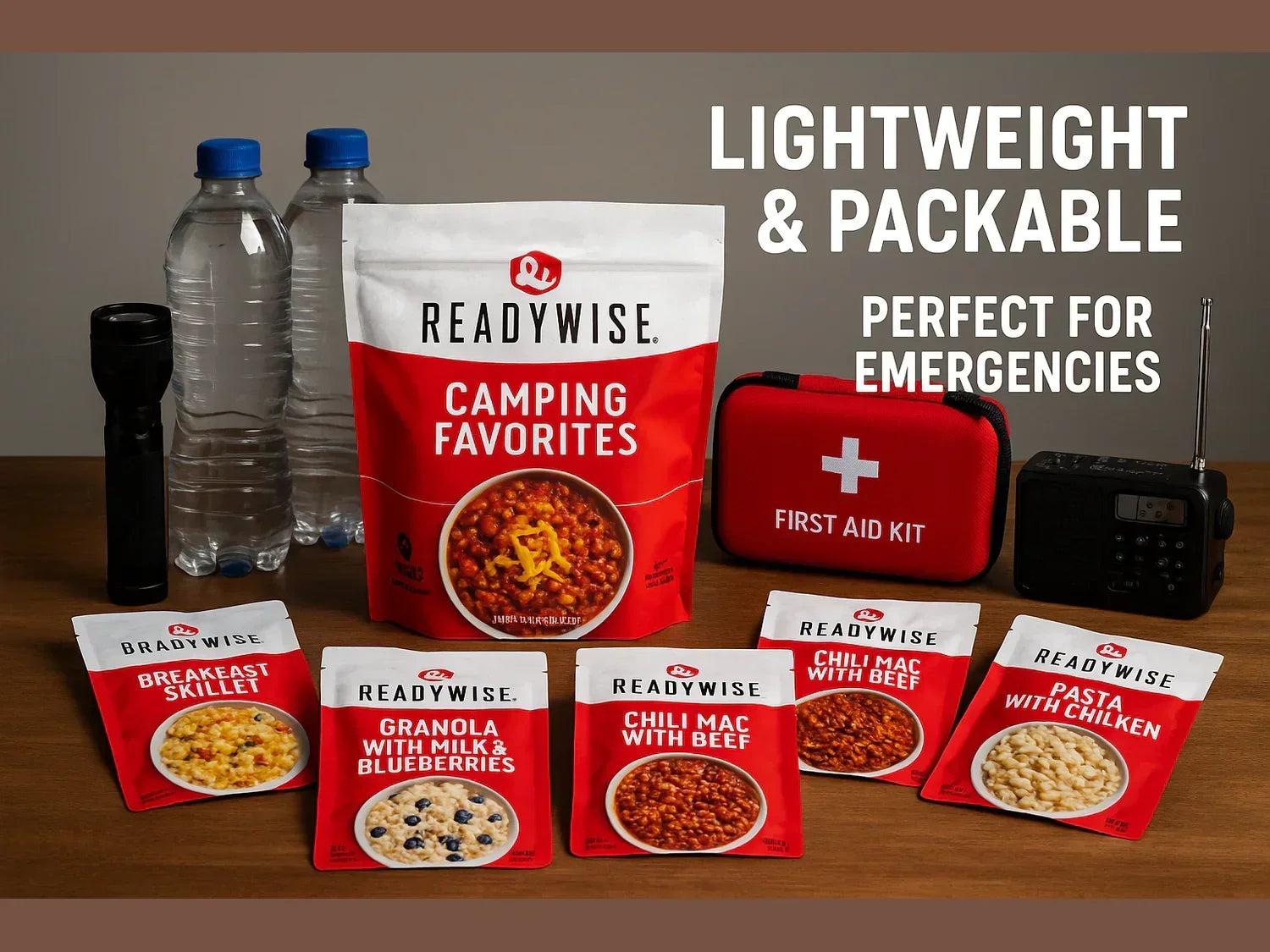 Camping emergency food kit, flashlight, water bottles, first aid kit, portable radio on table