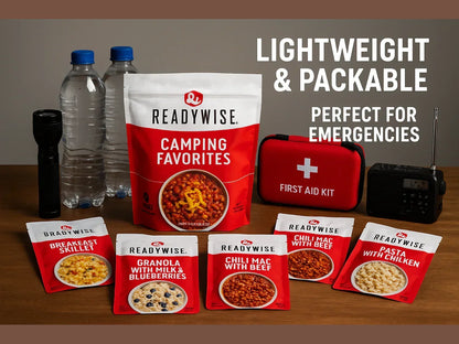 Camping emergency food kit, flashlight, water bottles, first aid kit, portable radio on table