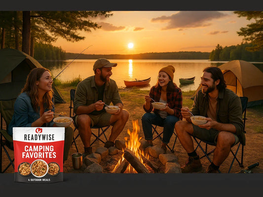 Friends enjoying outdoor camping meals around a lakeside campfire at sunset with tents and kayaks.