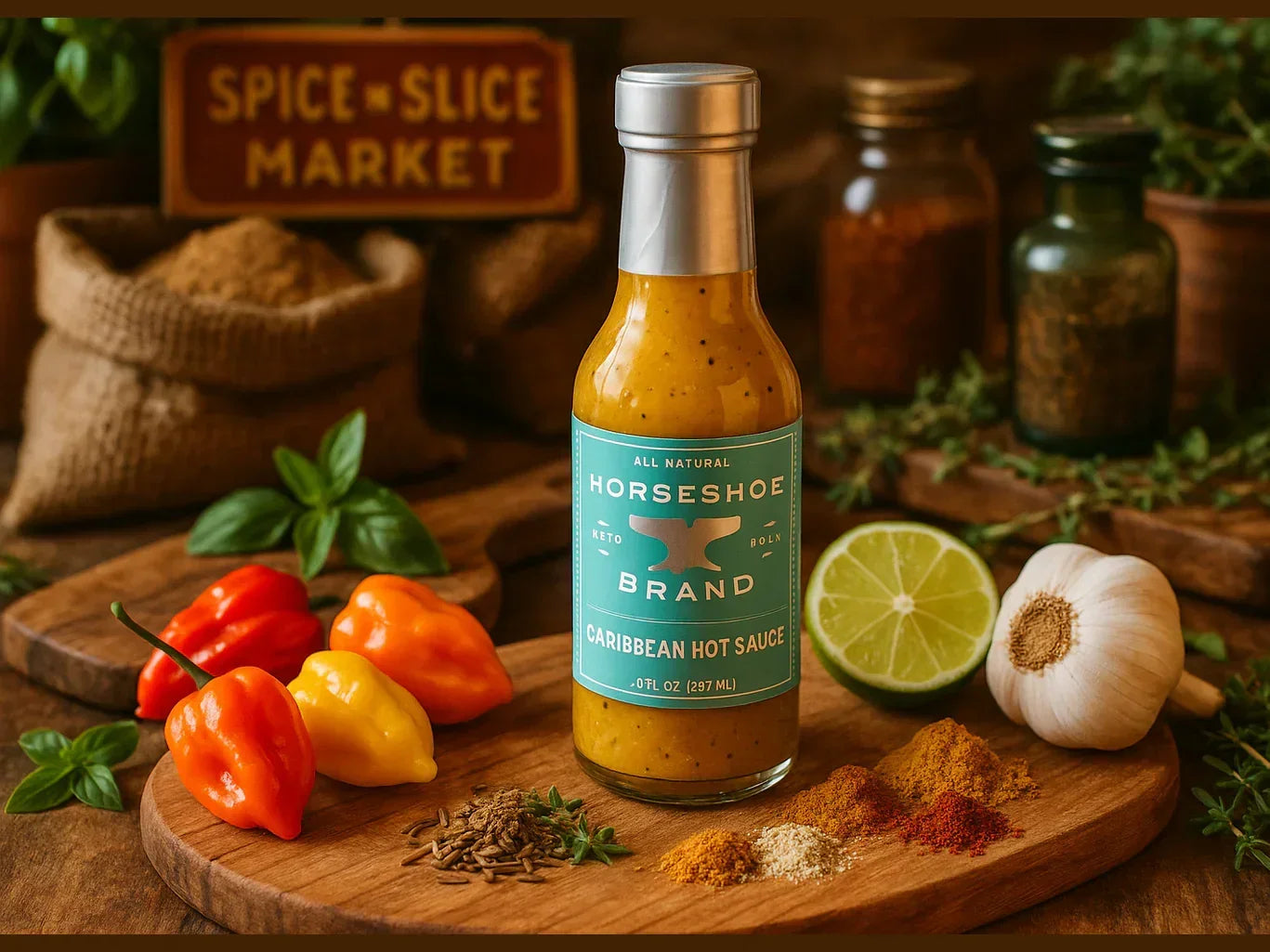 Caribbean hot sauce bottle with fresh habanero peppers, garlic, lime, and spices in a market setting