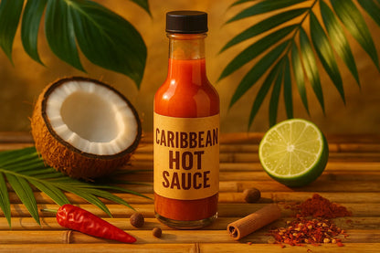 Caribbean hot sauce bottle with coconut, lime, chili, cinnamon, and spices on bamboo