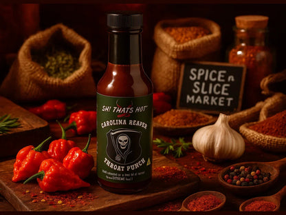 Carolina Reaper hot sauce bottle with fresh peppers, garlic, spices, and herbs in a market setting