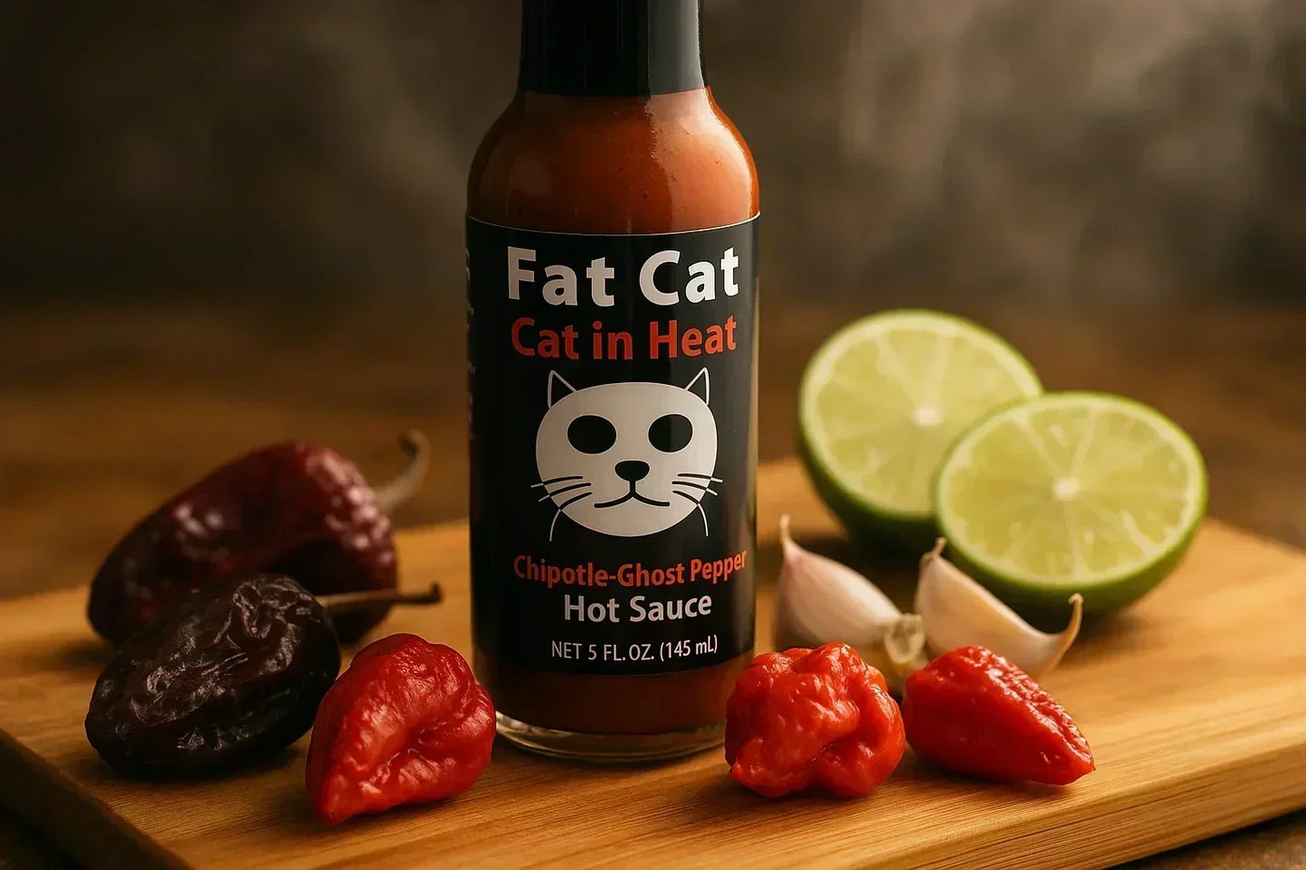 Chipotle ghost pepper hot sauce bottle on cutting board with fresh peppers, lime, and garlic